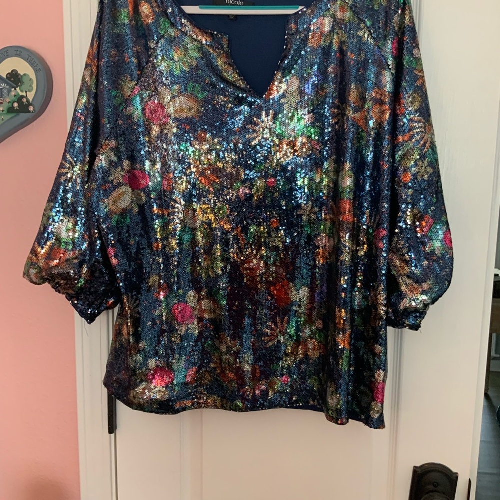 Nicole Miller Blue Multicolor Sequin Blouse